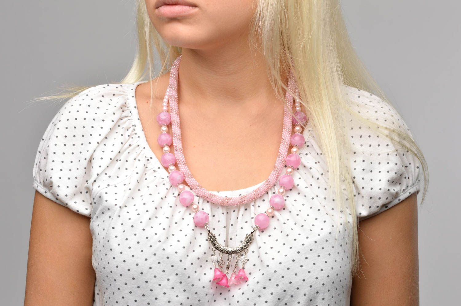 Колье из бисера украшение ручной работы розовое в два ряда ожерелье из бисера фото 3