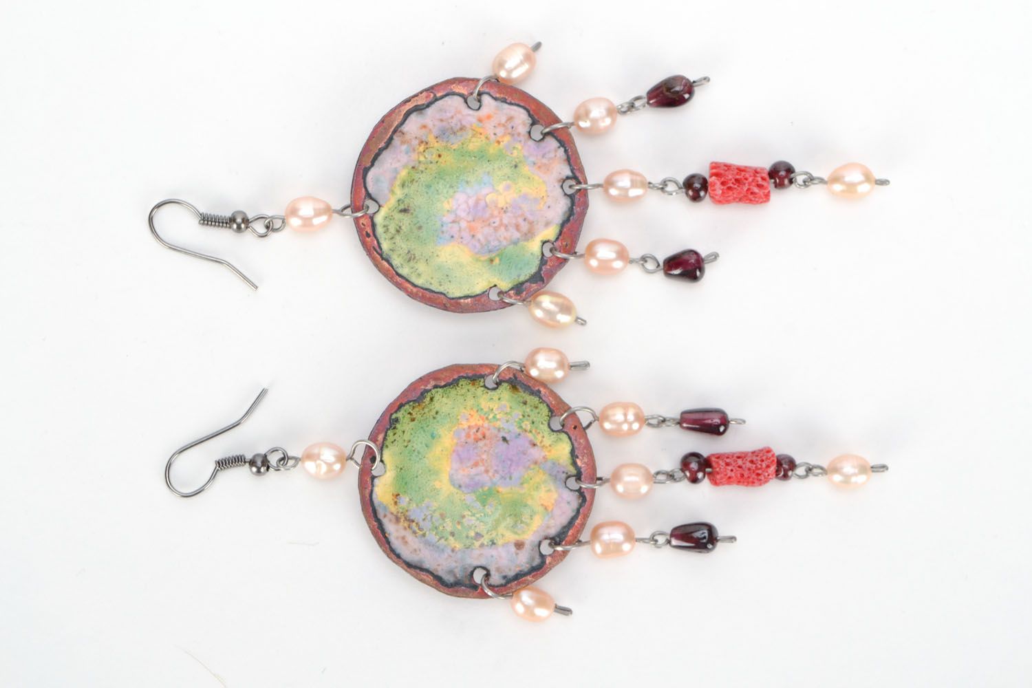Copper earrings with garnet and coral  photo 4