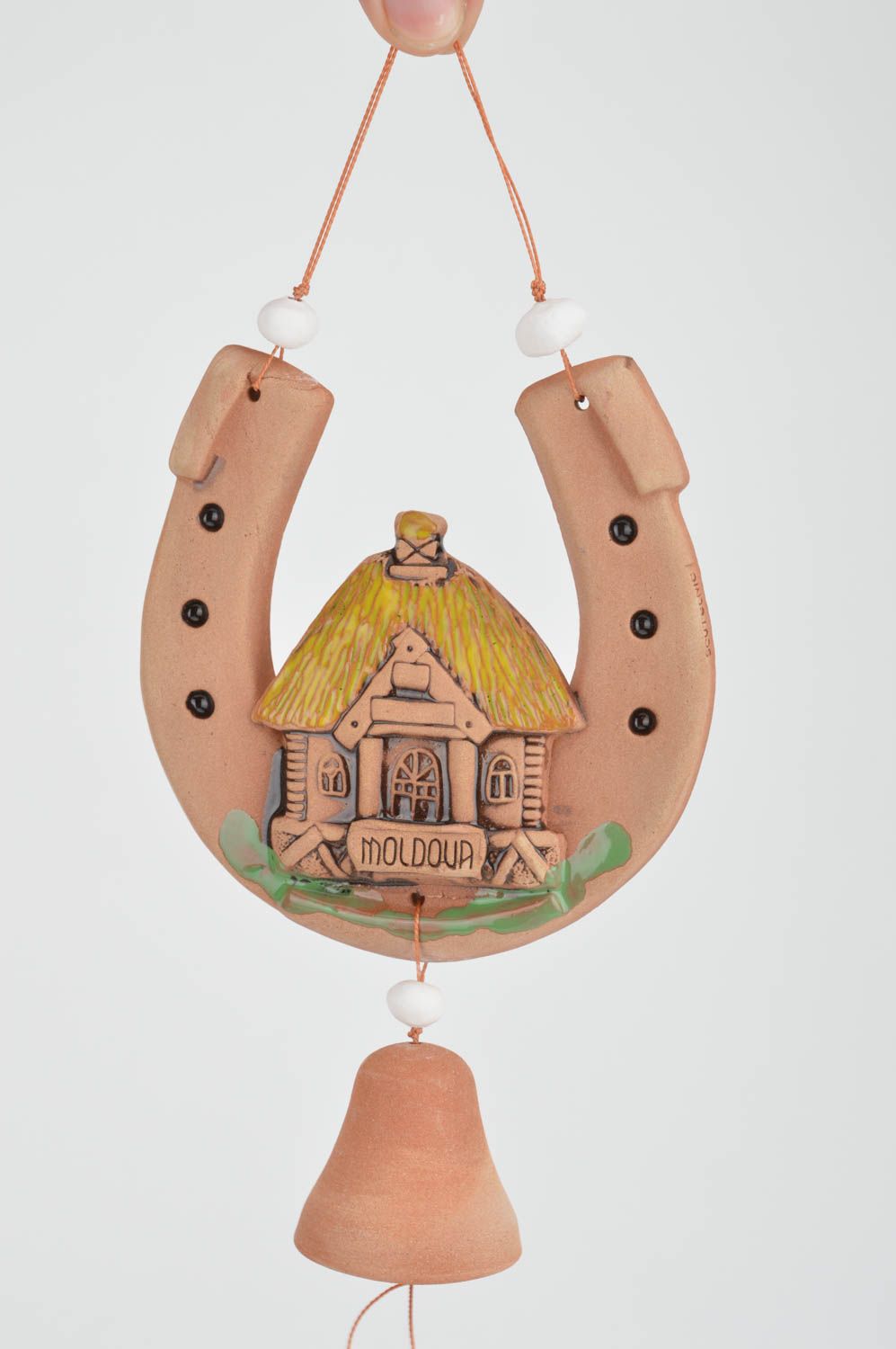 Ceramic handmade interior pendant for home horseshoe with a house and bell photo 3