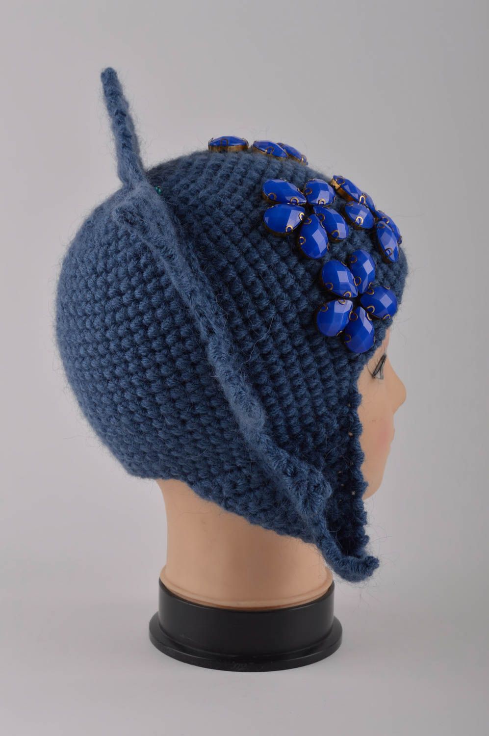 Вязаная шапочка из шерсти ручной работы женская шапка синяя шерстяная шапка фото 4
