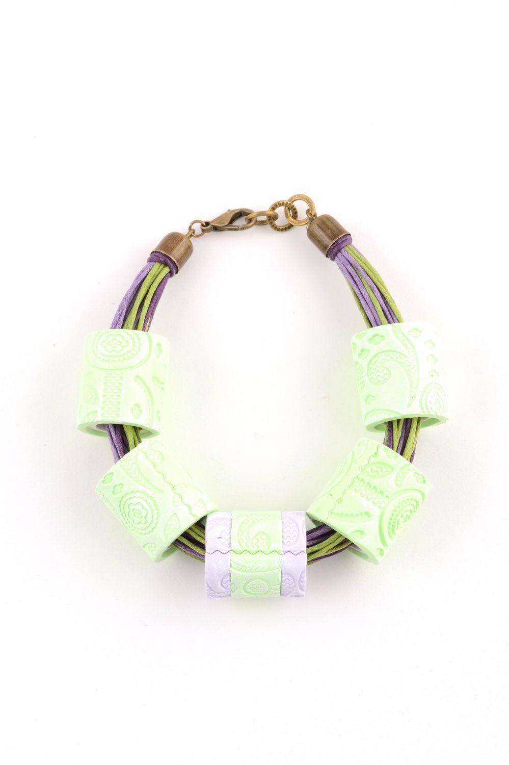 Designer handmade light green with violet bracelet made of polymer clay  photo 2