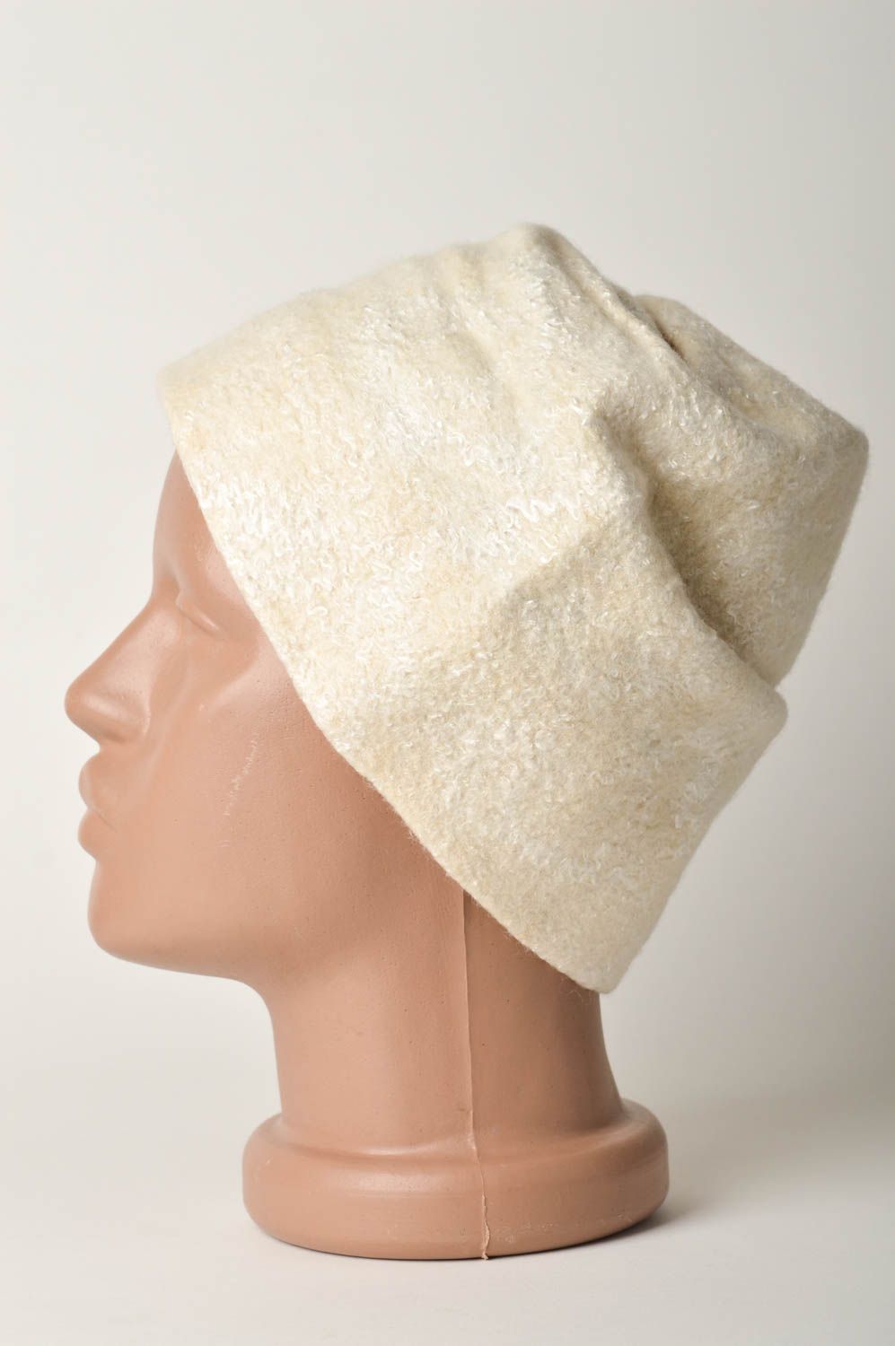 Handmade designer woolen cap white elegant headwear stylish warm winter cap photo 3