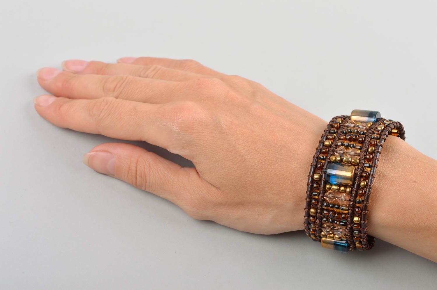 Handmade Schmuck breites Armband Schmuck aus Rocailles Leder Modeschmuck Armband foto 5