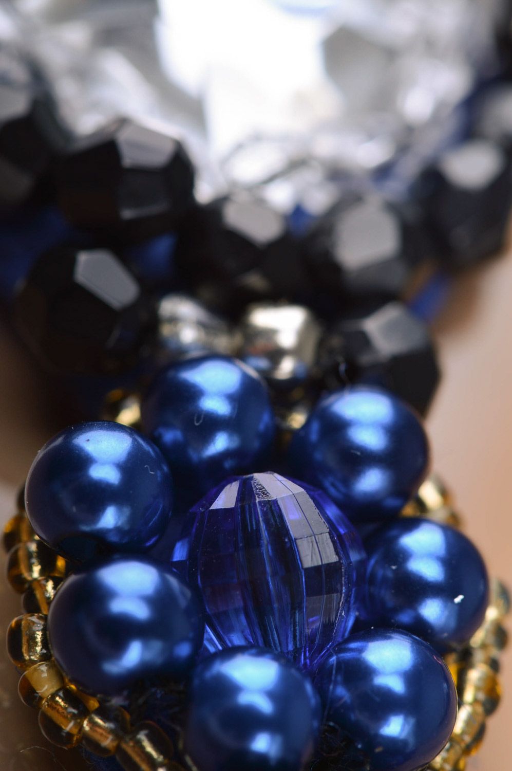 Elegant evening beaded wrist bracelet with chain in blue color palette handmade photo 1