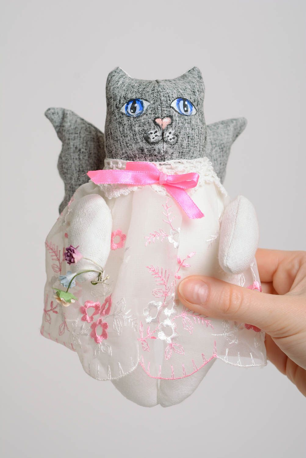Beautiful small handmade fabric toy cat in gray dress photo 5