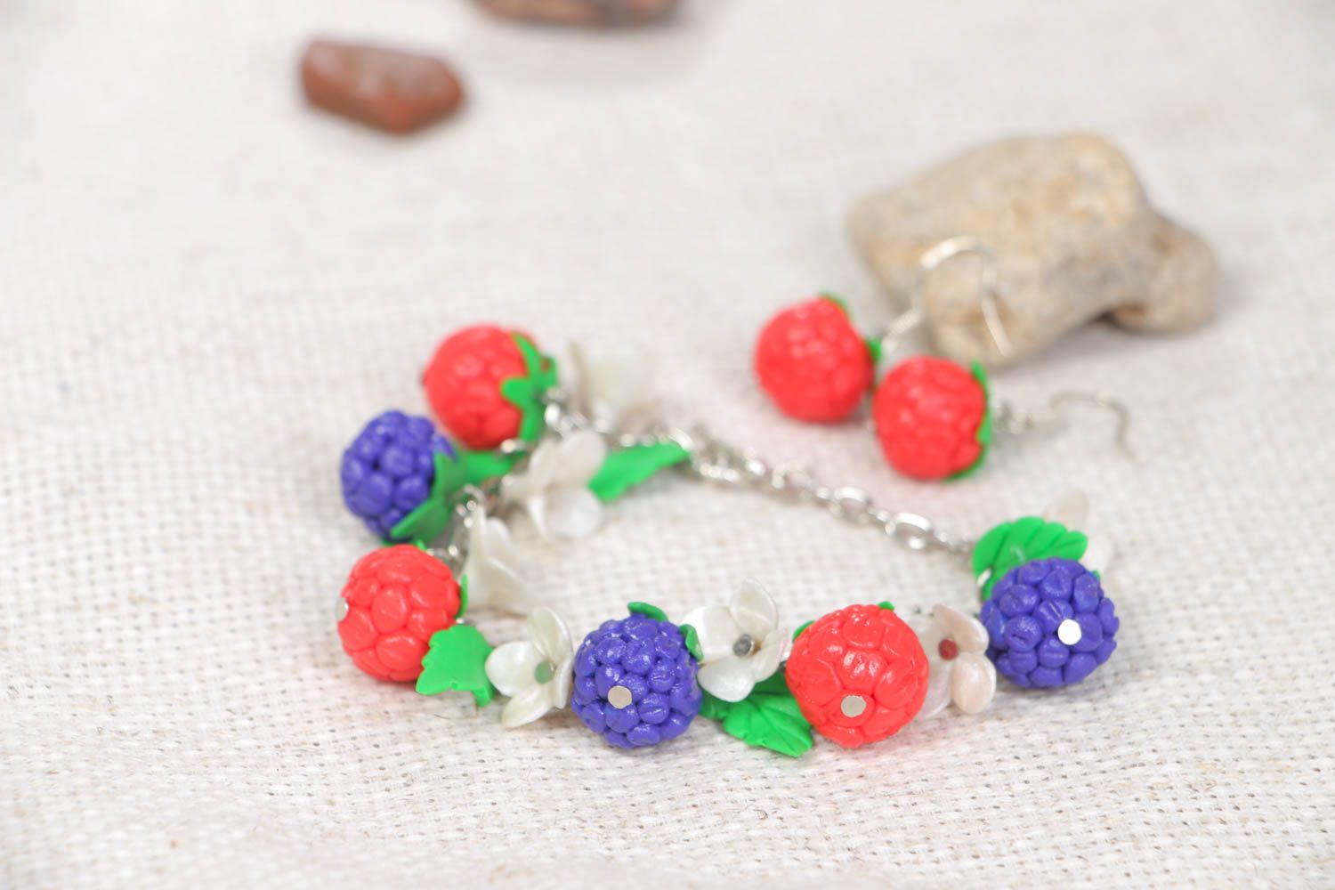 Set of handmade accessories jewelry made of clay cute bracelet and earrings photo 1