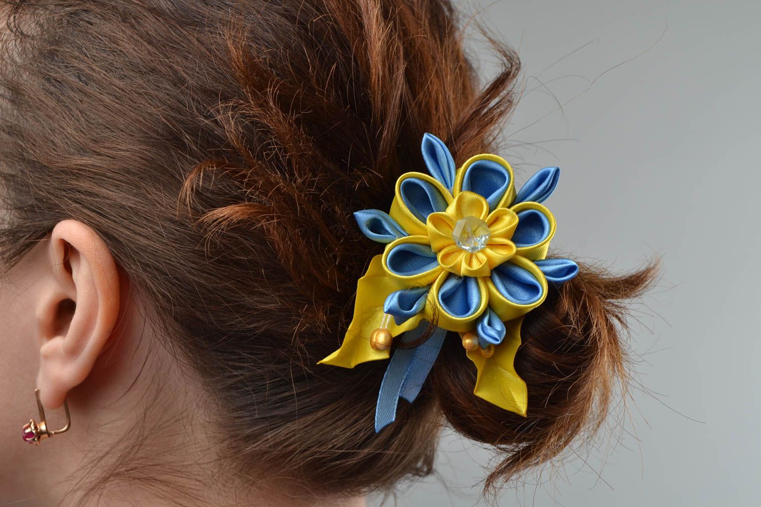 Stylish bright hairpin made of satin ribbons handmade elegant hair accessory photo 1
