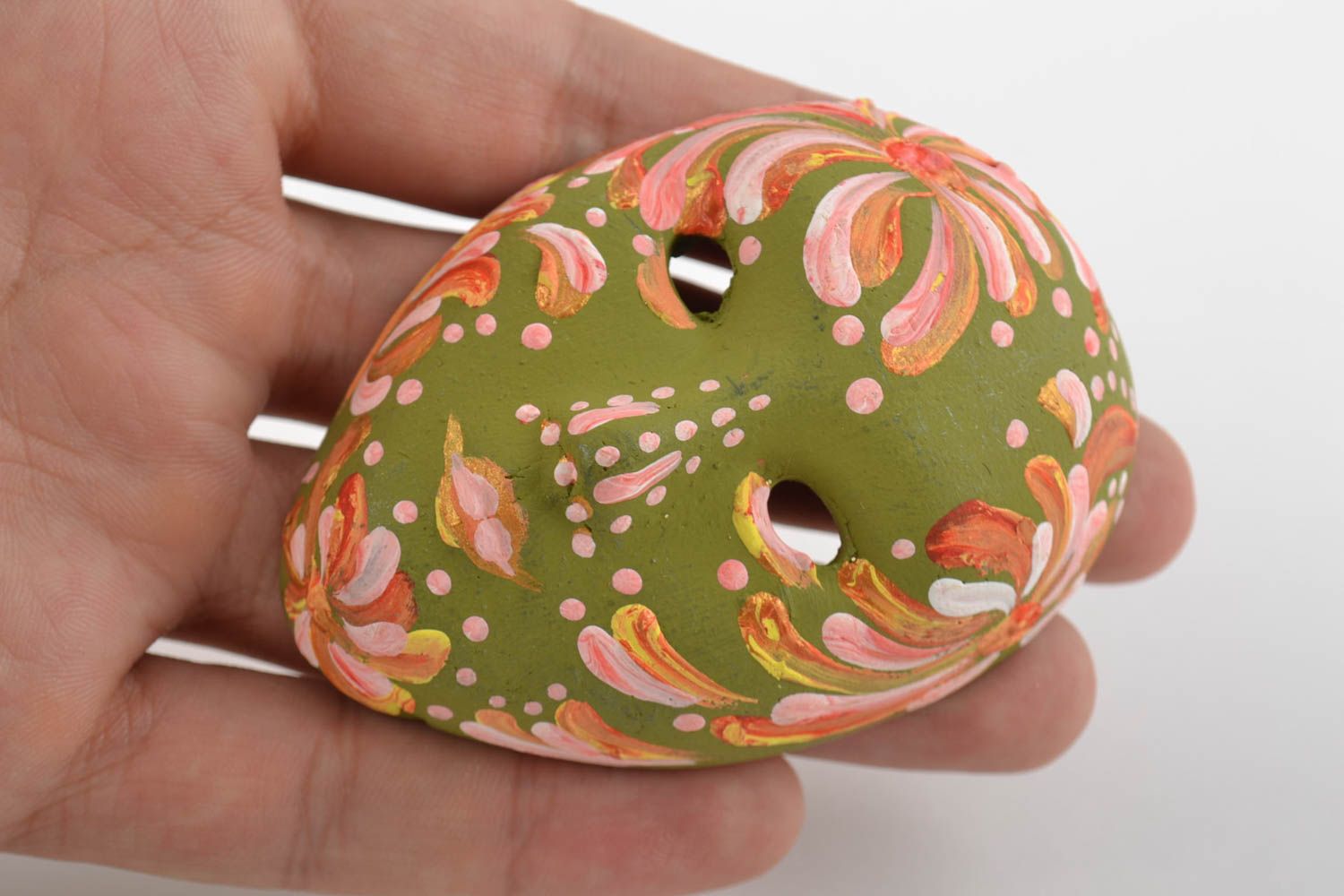 Unusual handmade designer green ceramic fridge magnet carnival mask photo 2