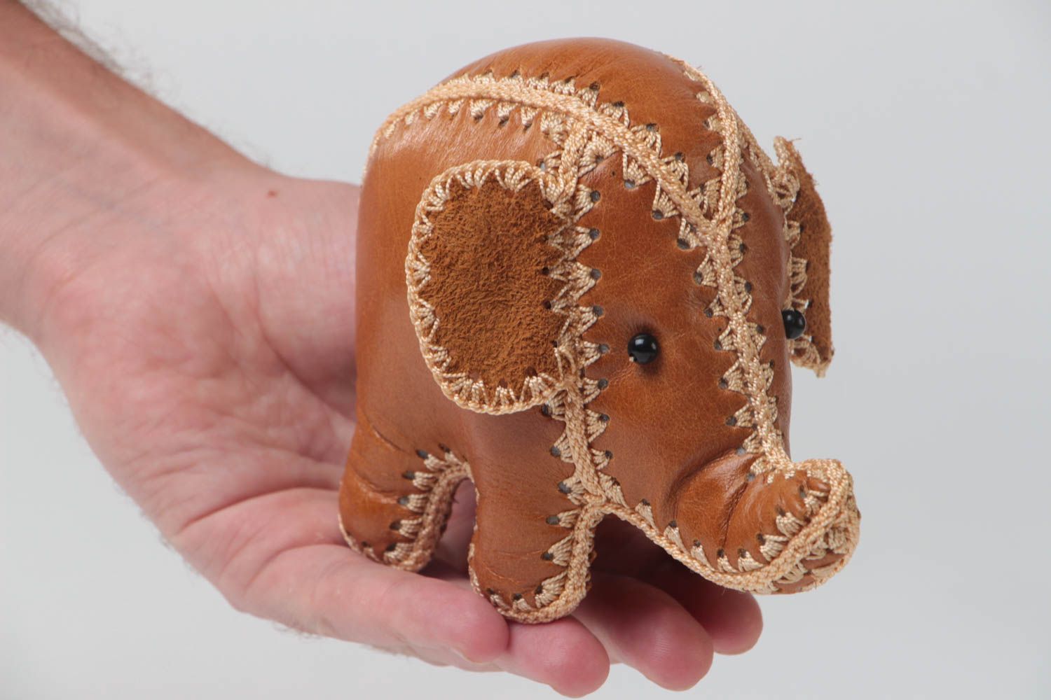 Handmade small designer soft toy cute elephant cub sewn of genuine brown leather photo 5