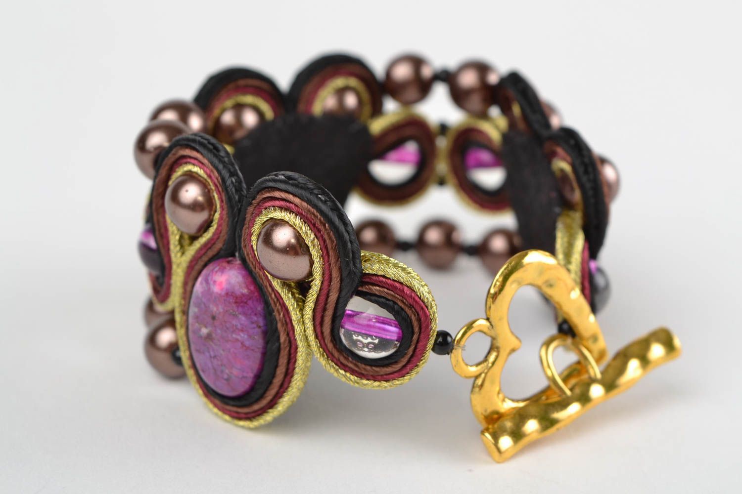 Beautiful handmade soutache wrist bracelet with howlite natural stone photo 4