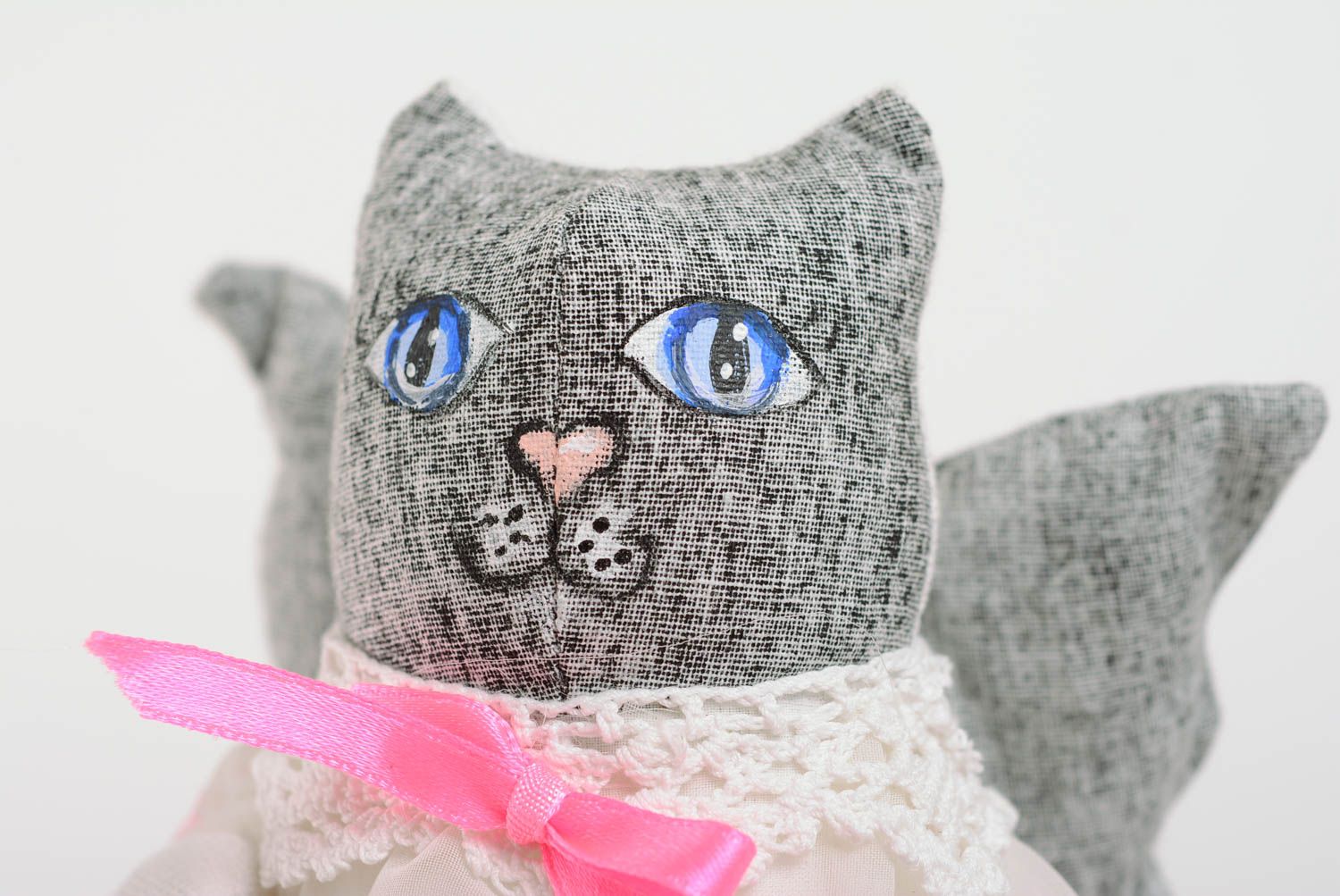 Beautiful small handmade fabric toy cat in gray dress photo 2