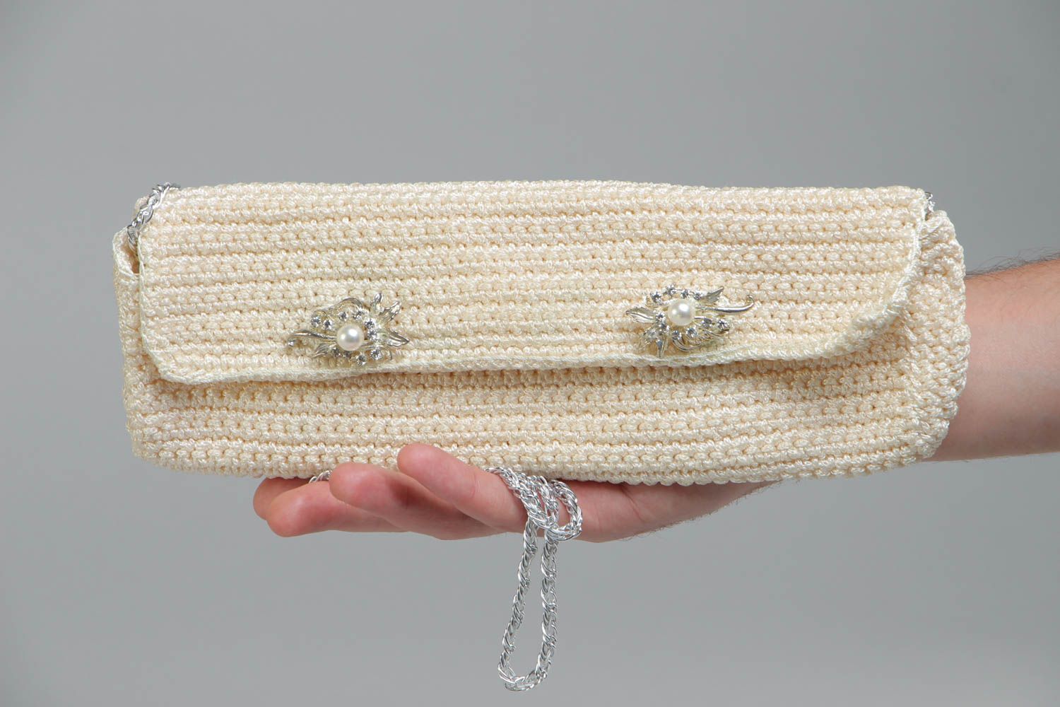Handmade light stylish crocheted women's purse with long chain made of polyester photo 5