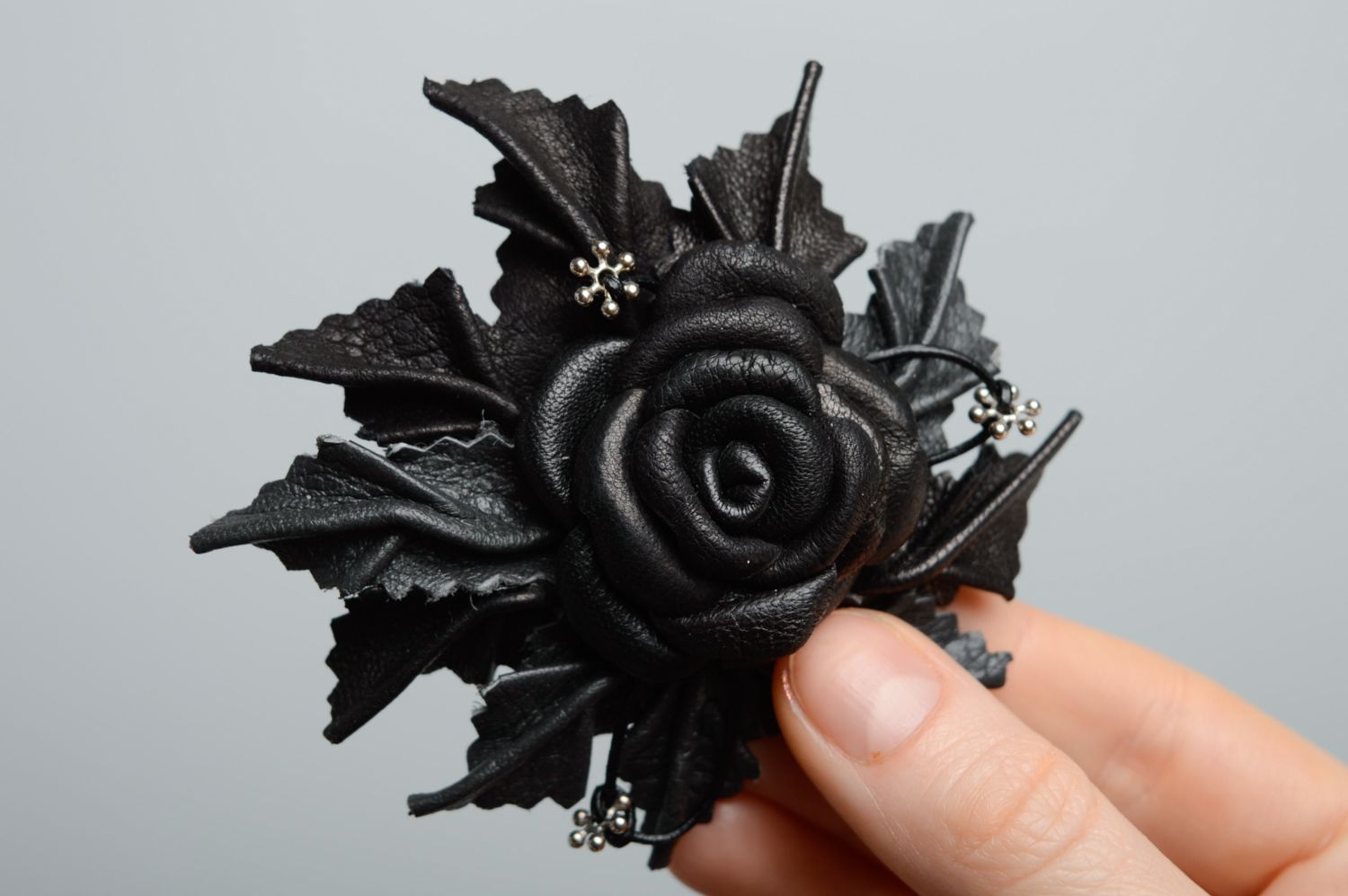 Handmade genuine leather brooch-hair clip Black Rose photo 2
