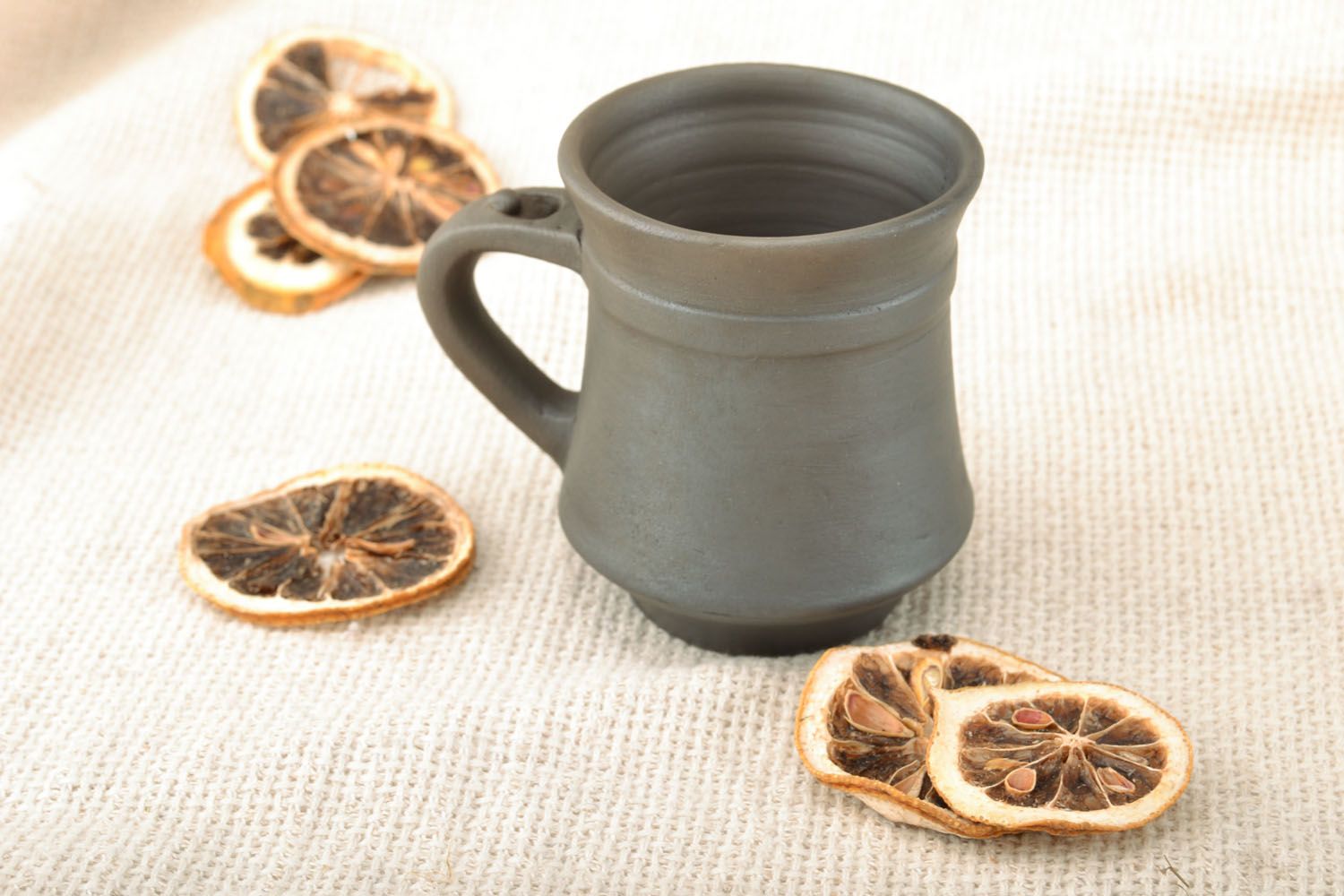 Black smoked natural clay coffee cup in classic art style with handle and no pattern photo 5