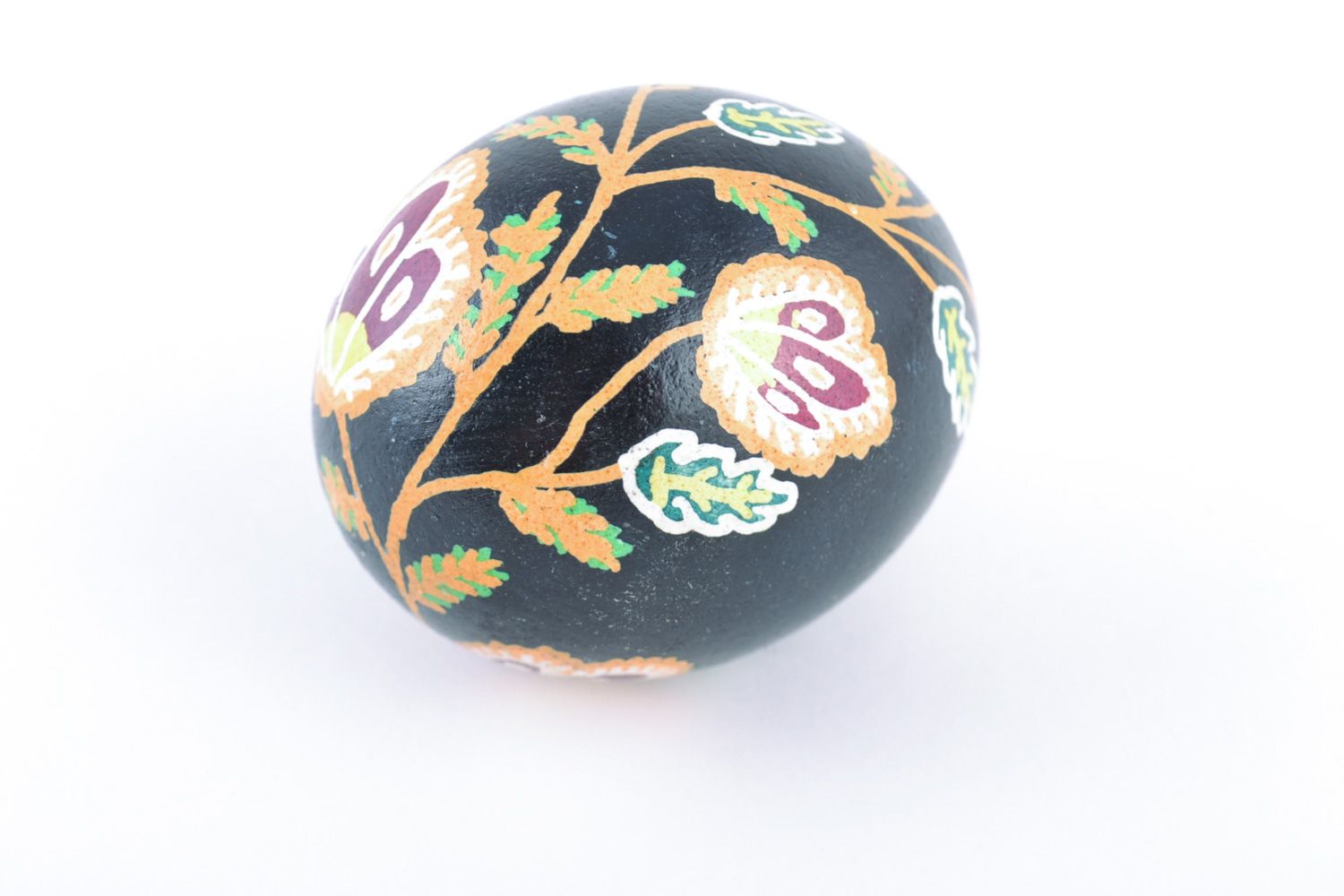 Handmade painted dark chicken Easter egg with flower pattern photo 4