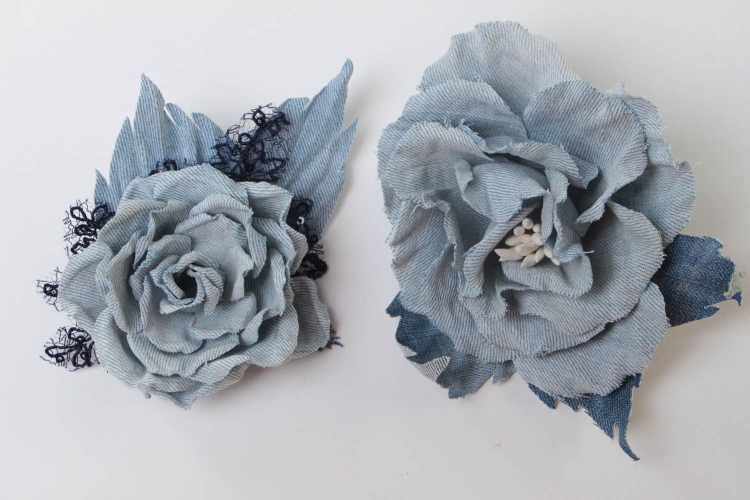 Handmade Haarblüten Broschen aus Jeans Set 2 Stück für Damen handgeschaffen toll foto 2