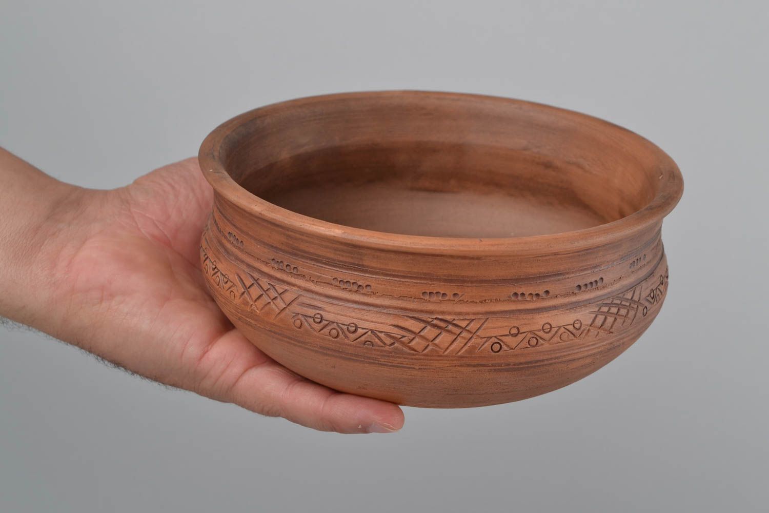 Handmade light brown ceramic ornamented bowl in ethnic style for 1.2 l photo 2