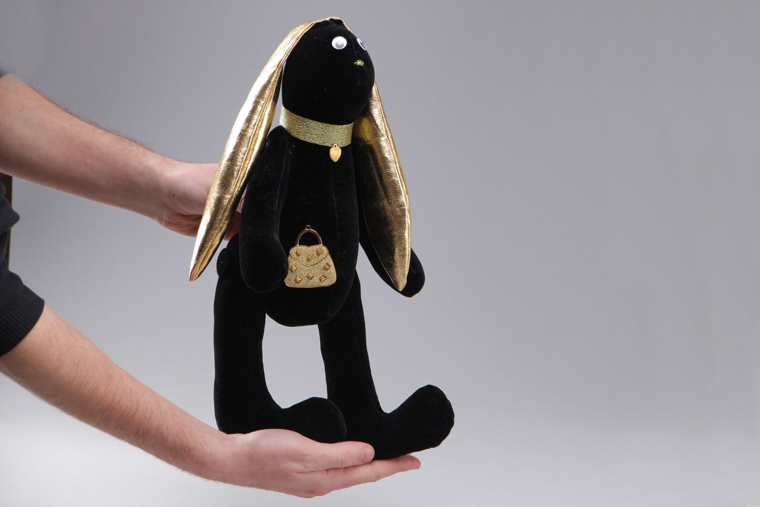 Handmade velour fabric soft toy long-eared hare of black and gold colors for children photo 4