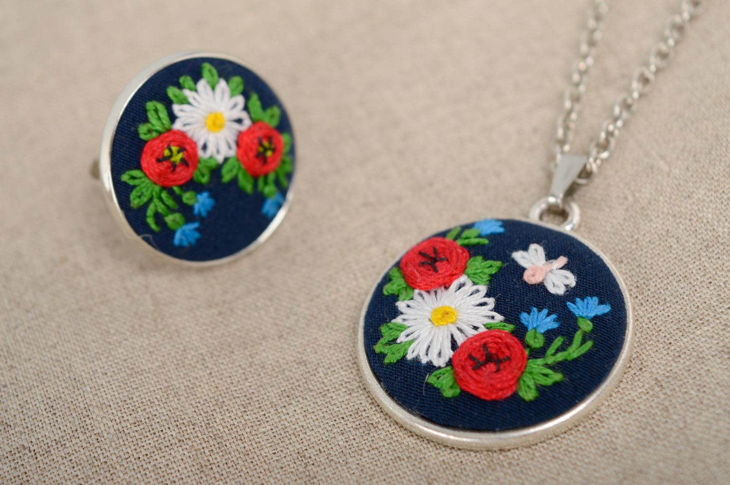Handmade embroidered pendant with flowers photo 5