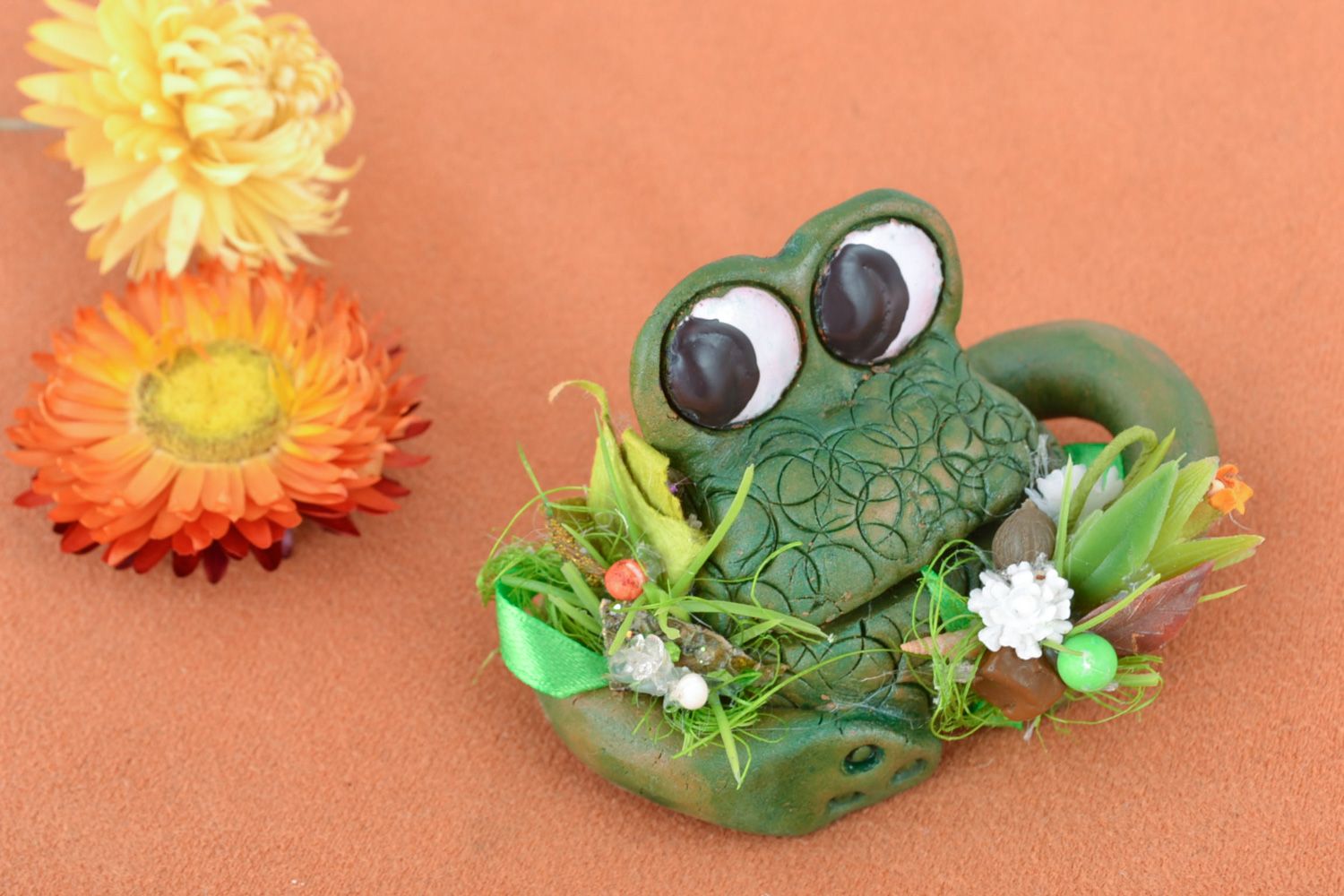 Small handmade ceramic figurine in the shape of green frog for interior decor photo 1