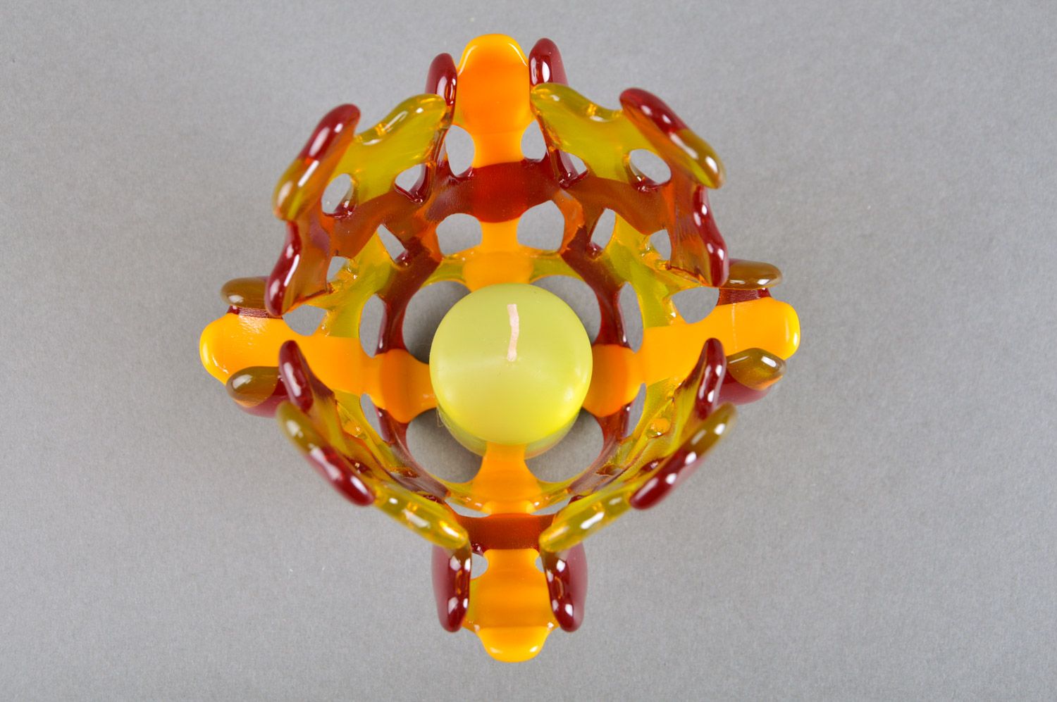 Handmade bright decorative red and yellow fused glass candle holder for interior photo 2