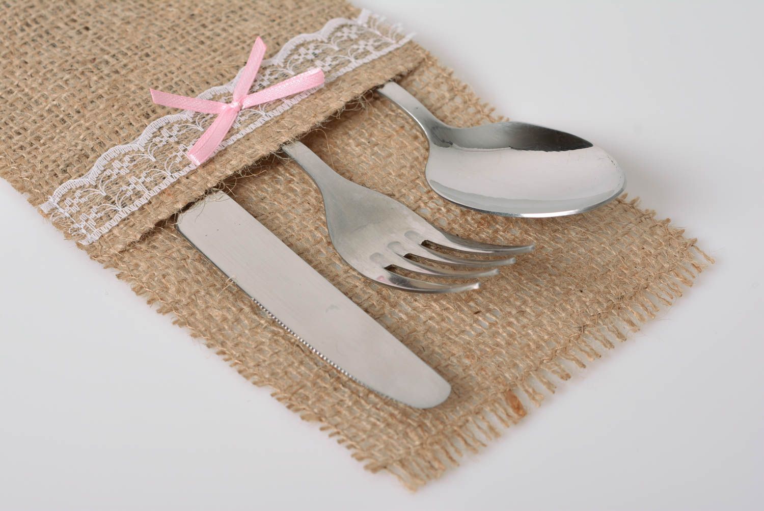 Case for cutlery made of burlap with ribbon beautiful handmade kitchen decor photo 2