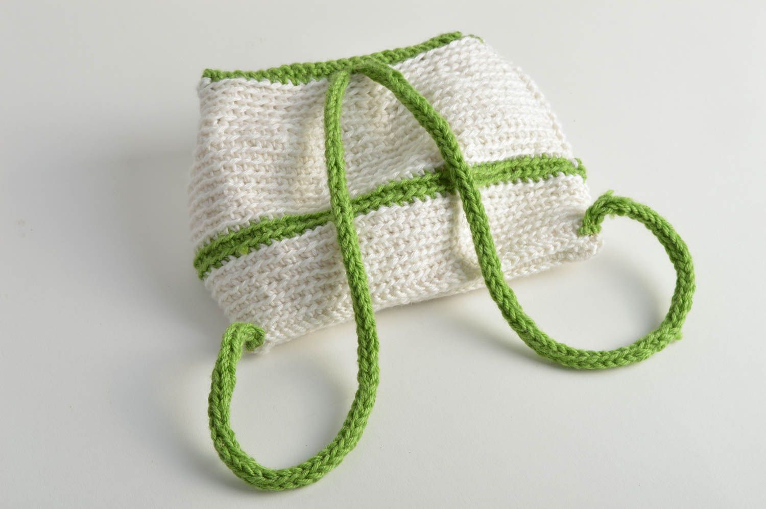 Children's handmade designer stylish crochet backpack of white and green colors photo 4