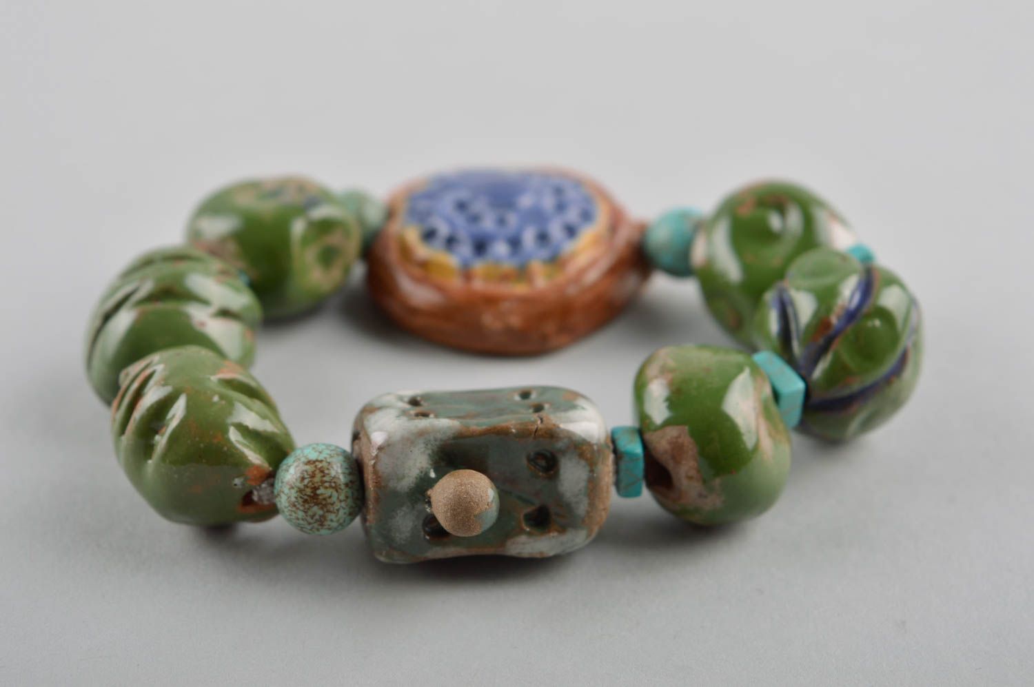 Bracelet céramique Bijou fait main vert style ethnique Cadeau pour femme écolo photo 4