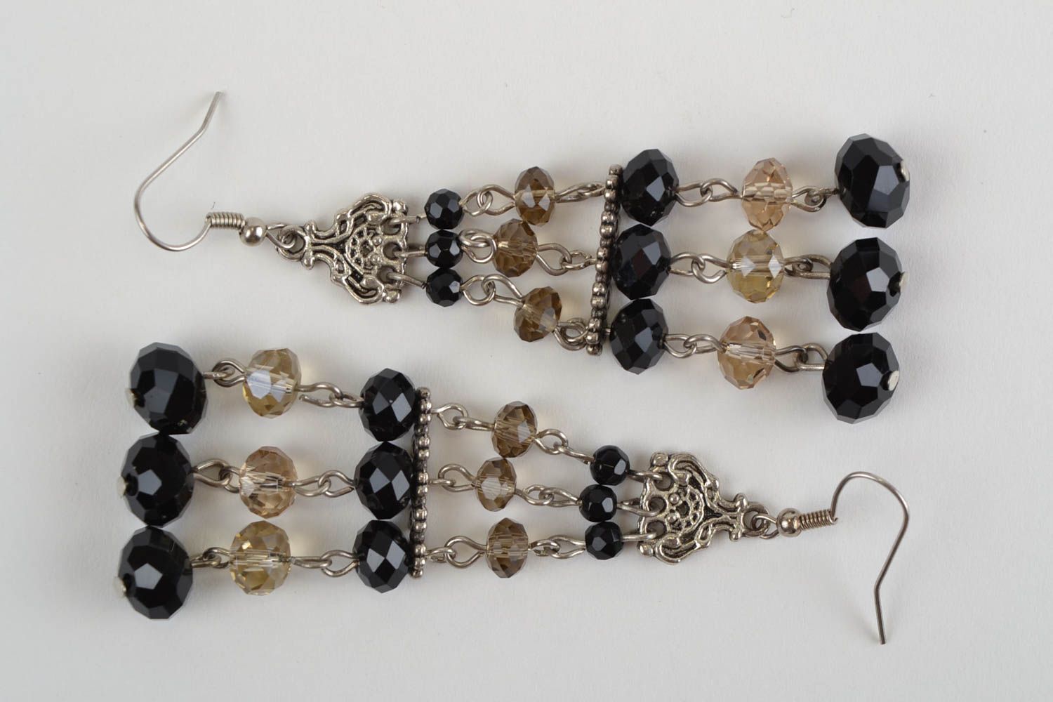 Handmade designer women's long dangling metal earrings with black Czech glass  photo 3