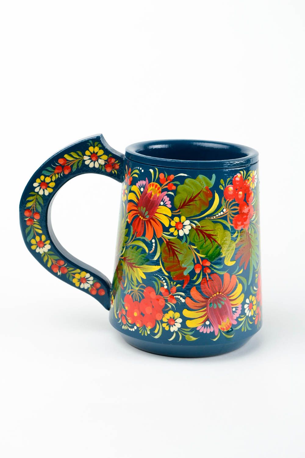 Tasse bois fait main Mug original bleu motif fleurs Vaisselle en bois décorative photo 4