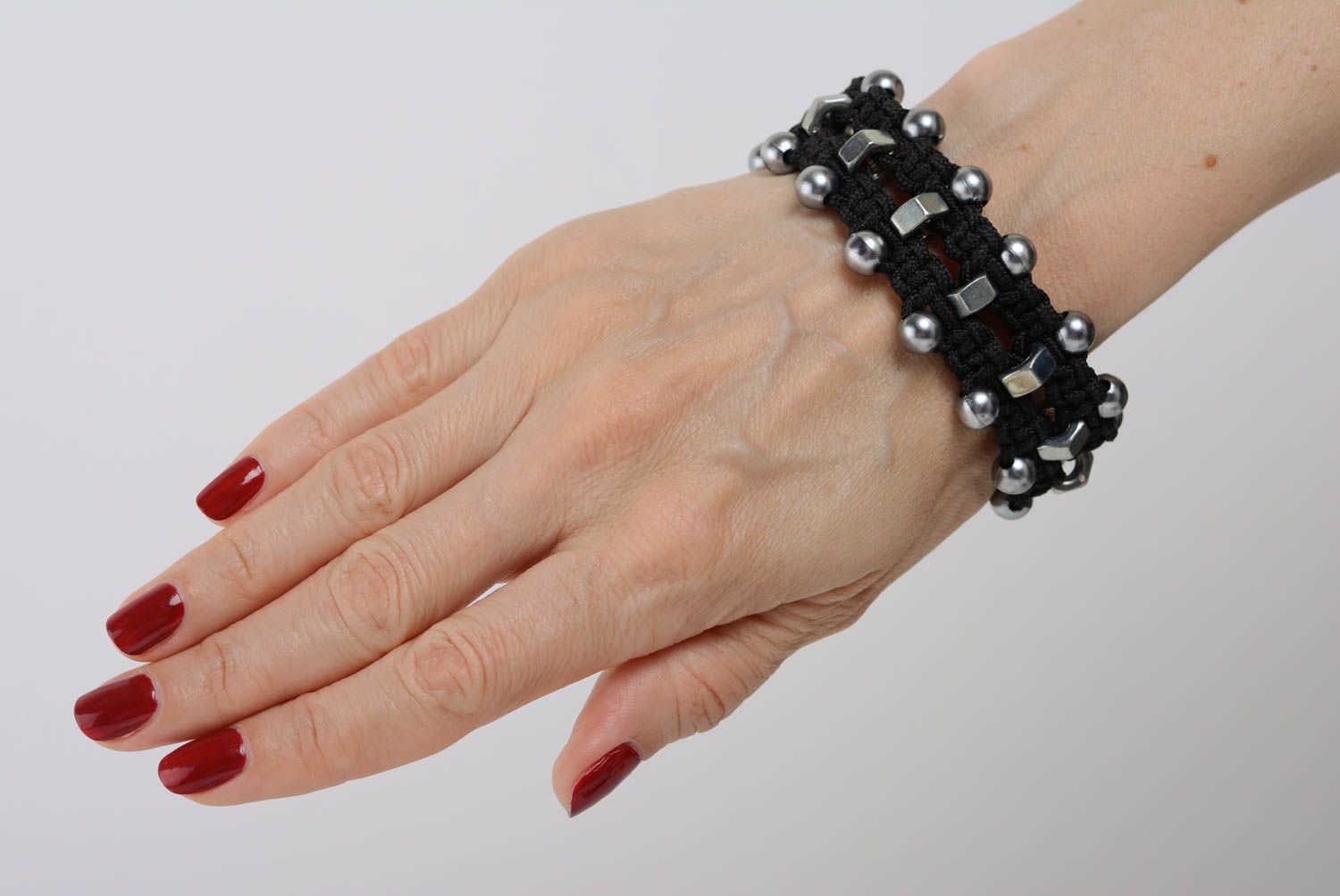 Black handmade woven macrame wrist bracelet with steel nuts adjustable size photo 3