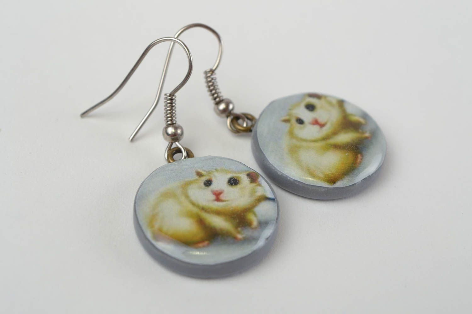 Beautiful homemade designer round plastic earrings with decoupage Hamsters photo 4