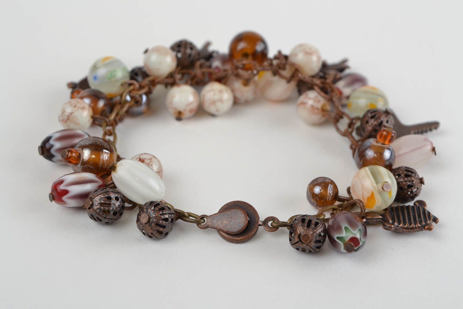 Beautiful handmade wrist bracelet with cat's eye and glass beads in marine style photo 5
