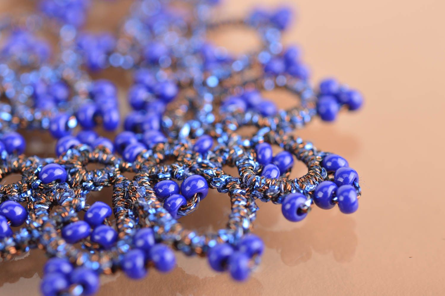 Beautiful blue handmade tatting necklace woven of satin threads with Czech beads photo 4