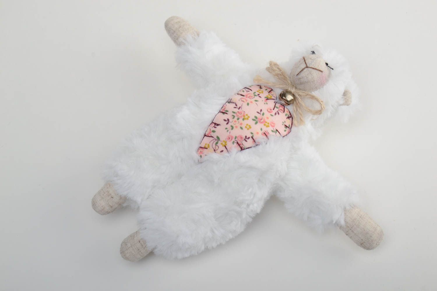 Handmade designer fluffy soft toy lamb sewn of faux fur with heart and tiny bell photo 2