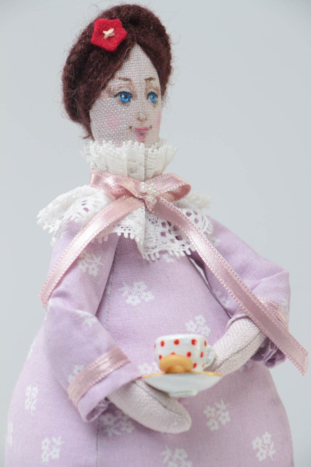 Handmade cotton and linen fabric soft doll Tea Fairy in lilac dress with cup photo 3