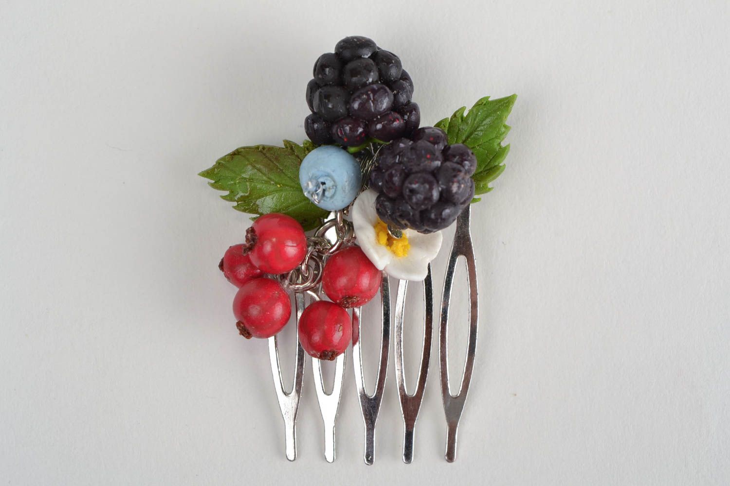 Small handmade designer hair comb with polymer clay berries and flowers photo 4