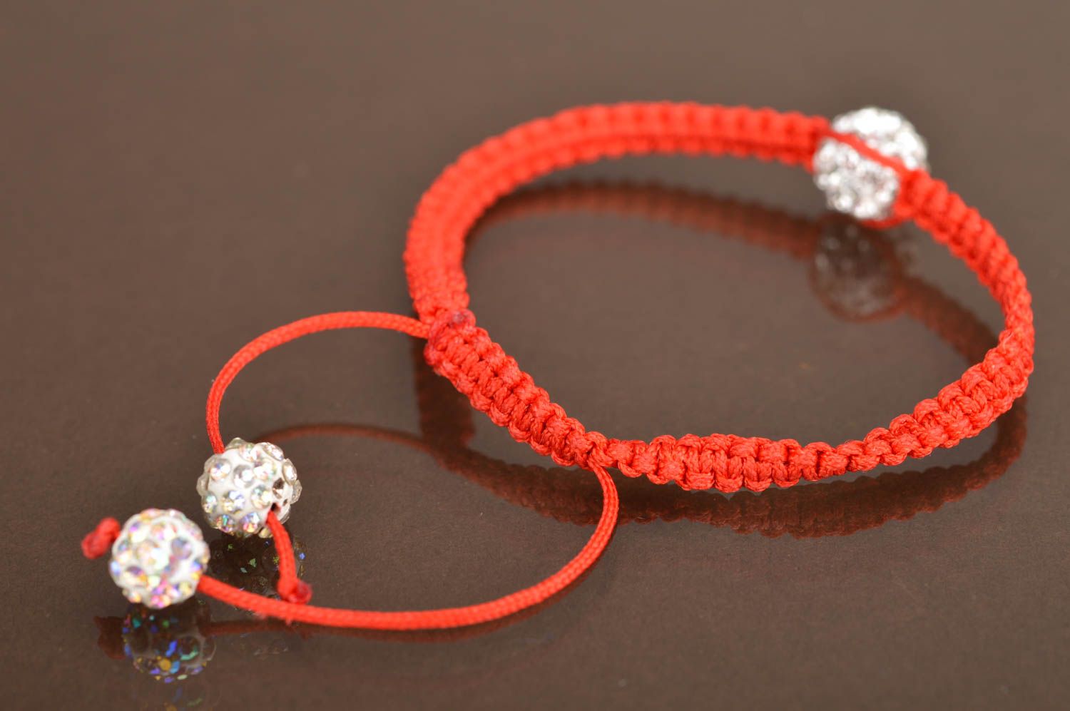 Red handmade adjustable stylish cute wrist bracelet with bead and strasses photo 5