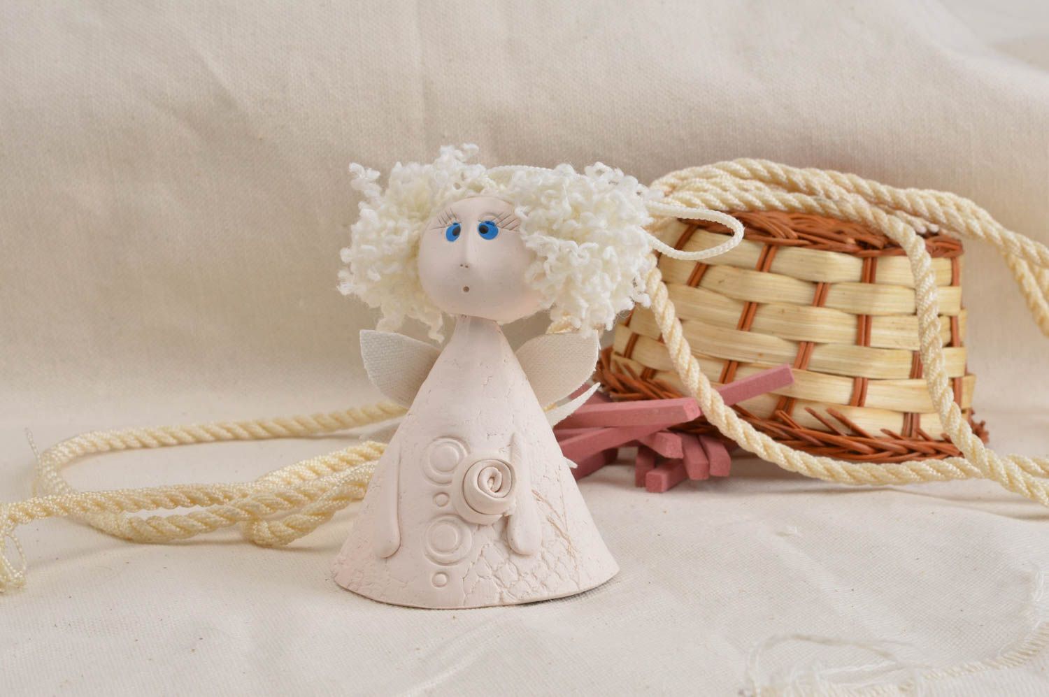 Decorative stylish handmade clay bell souvenir Angel with long haircut photo 1