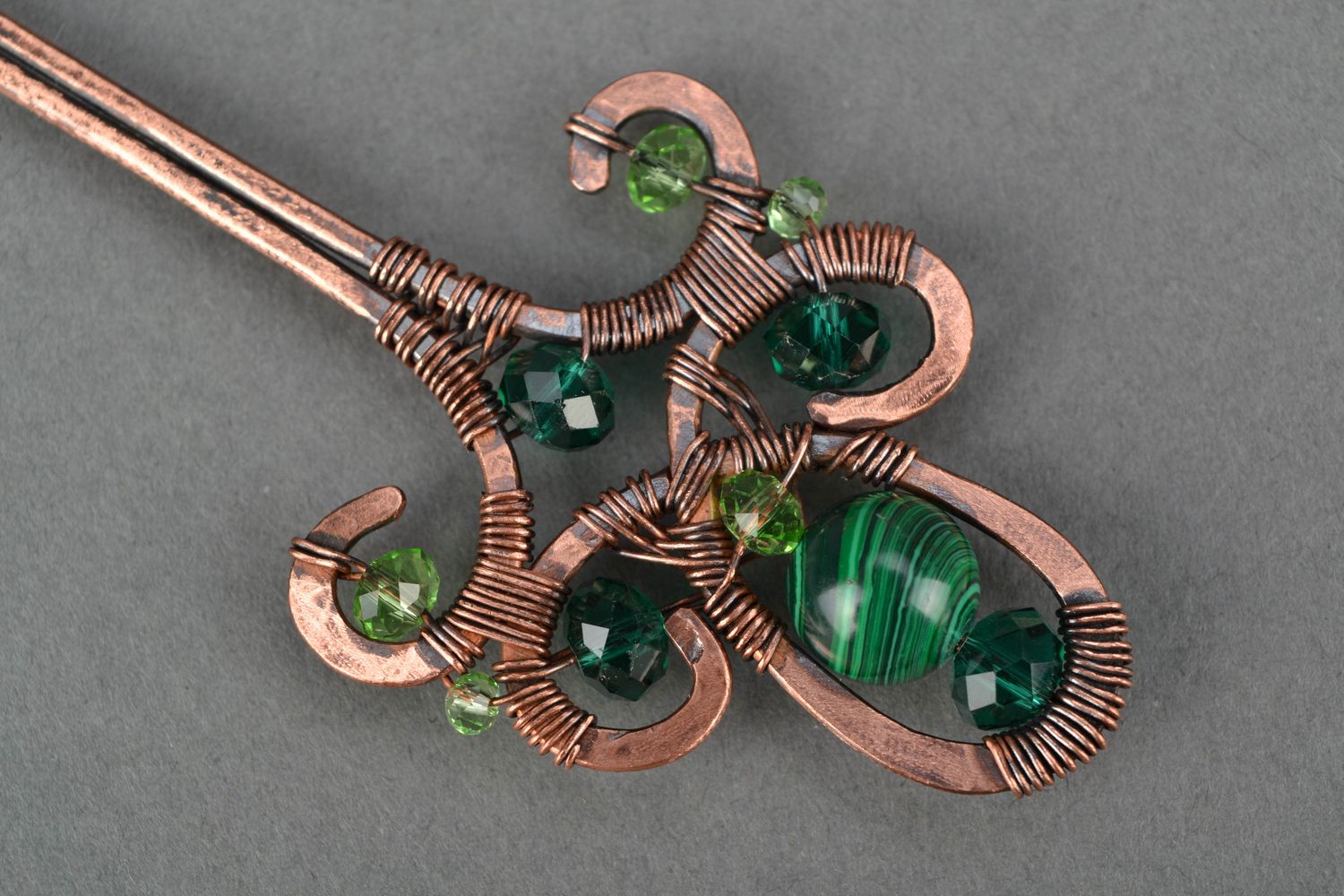 Handmade copper hair pin with malachite made using wire wrap technique photo 3
