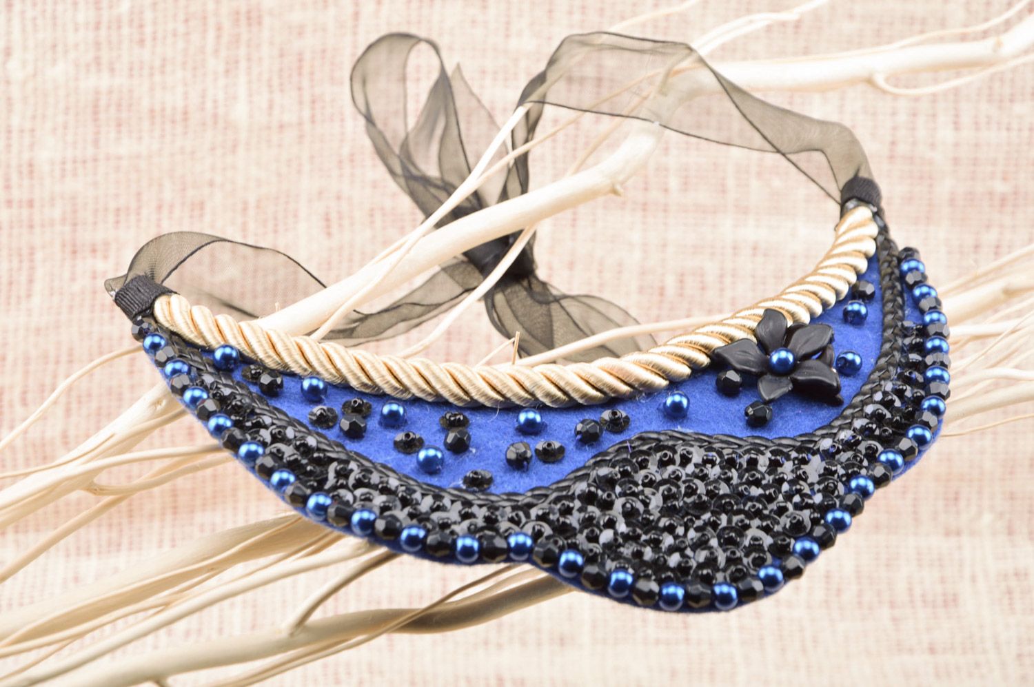 Handmade bead embroidered collar necklace in blue color palette with ribbons photo 5