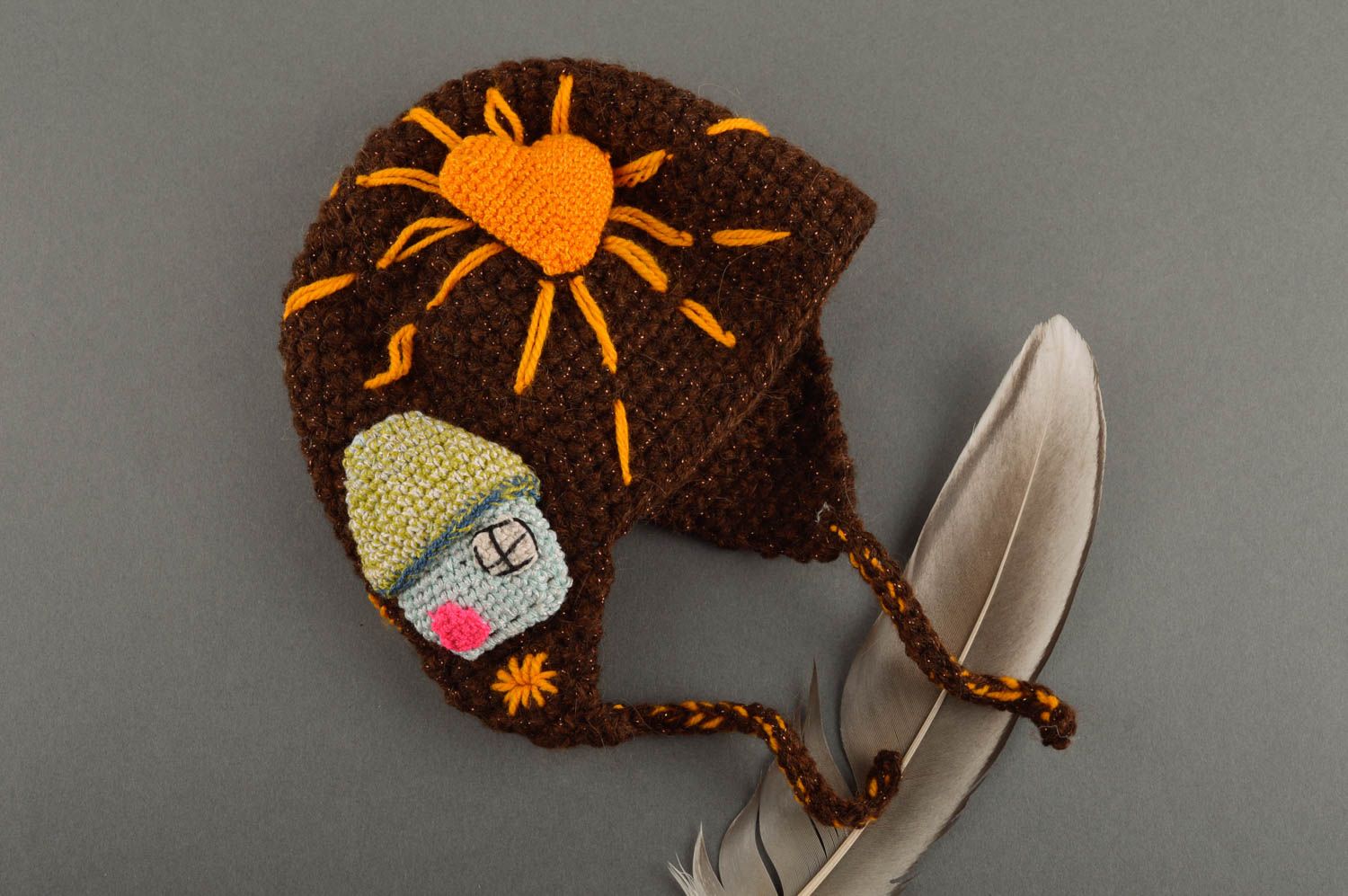 Knitted handmade cap designer brown accessories warm beautiful present photo 1