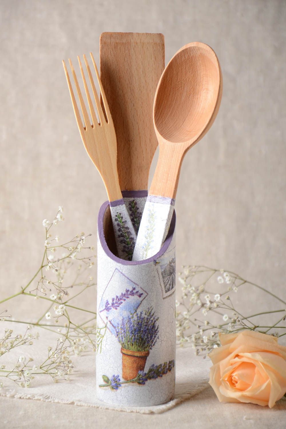 Handmade kitchen utensils set wooden spatula fork spoon decoupage ideas photo 1