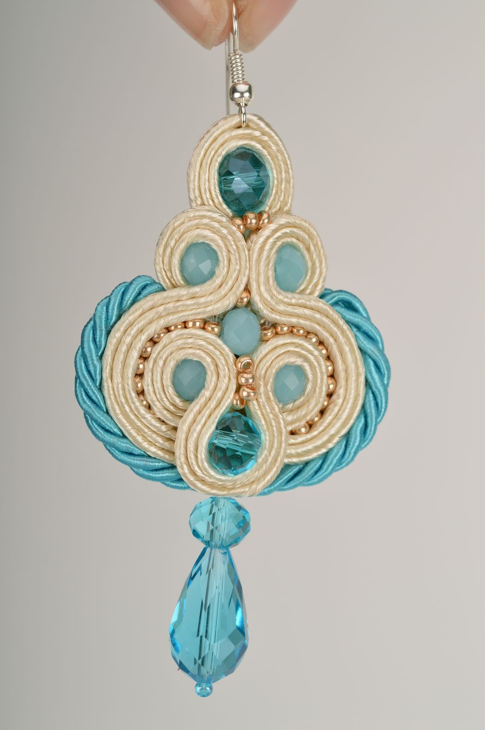 Beige and blue handmade designer jewelry set soutache earrings and brooch photo 3