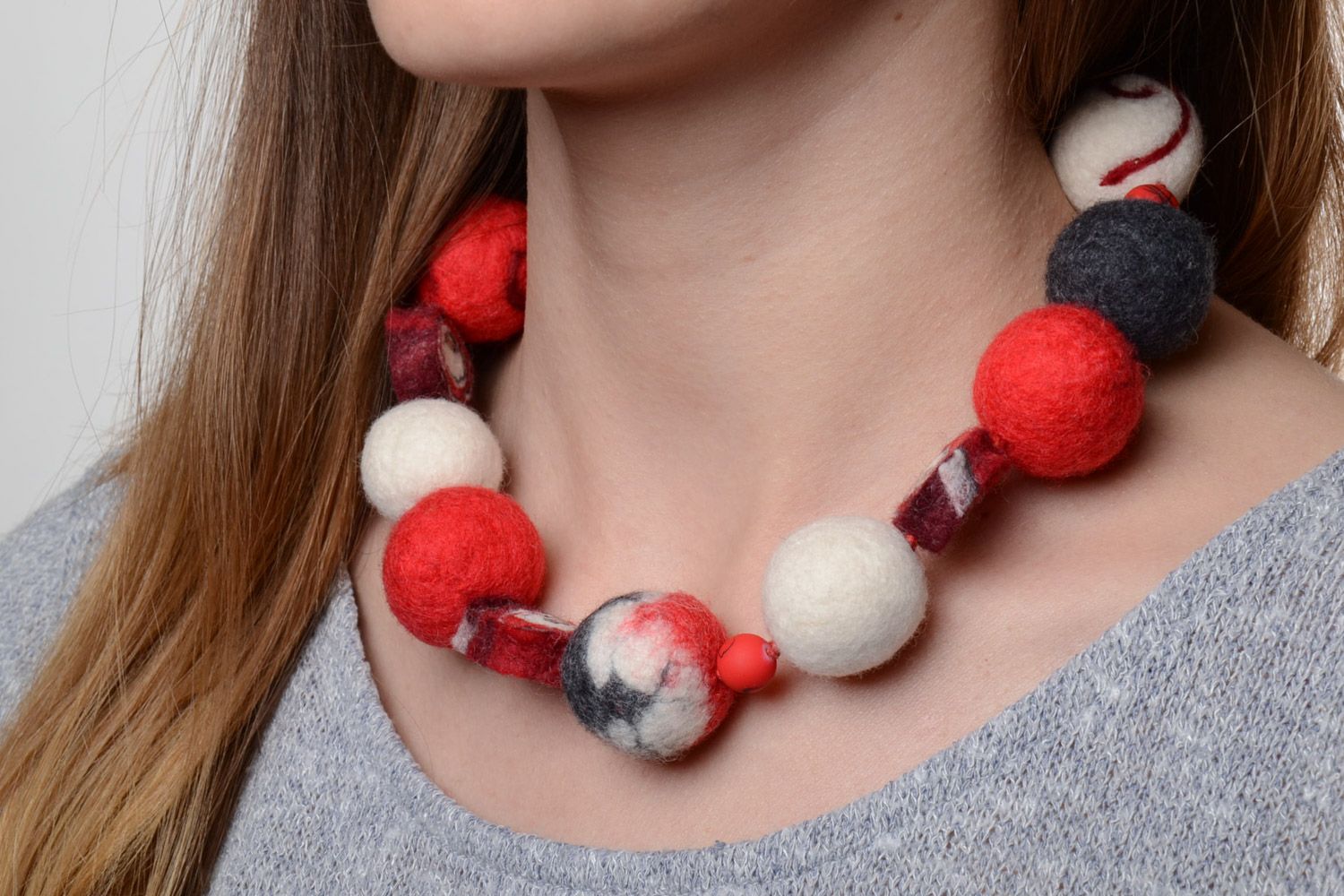 Beautiful colorful handmade soft wool bead necklace created using wet felting technique photo 1