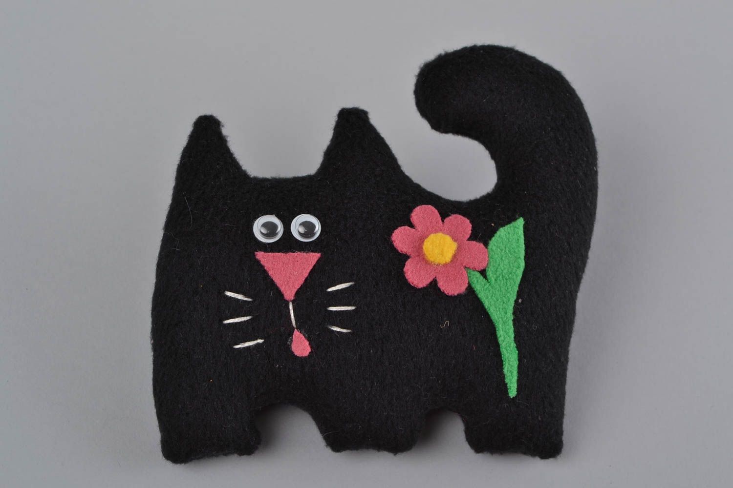 Soft toy black cat made of fabric with flower for home decor and children photo 3