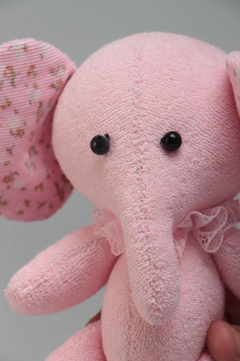 Handmade small mohair and jersey fabric soft toy pink elephant for children photo 3