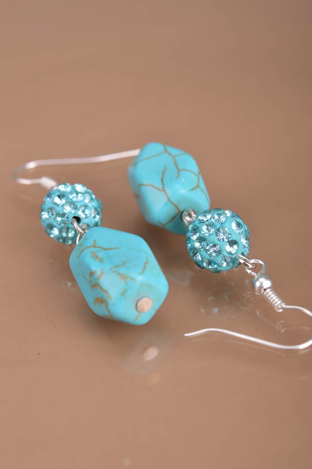 Handmade long beaded earrings styled on turquoise with rhinestones blue designer photo 5