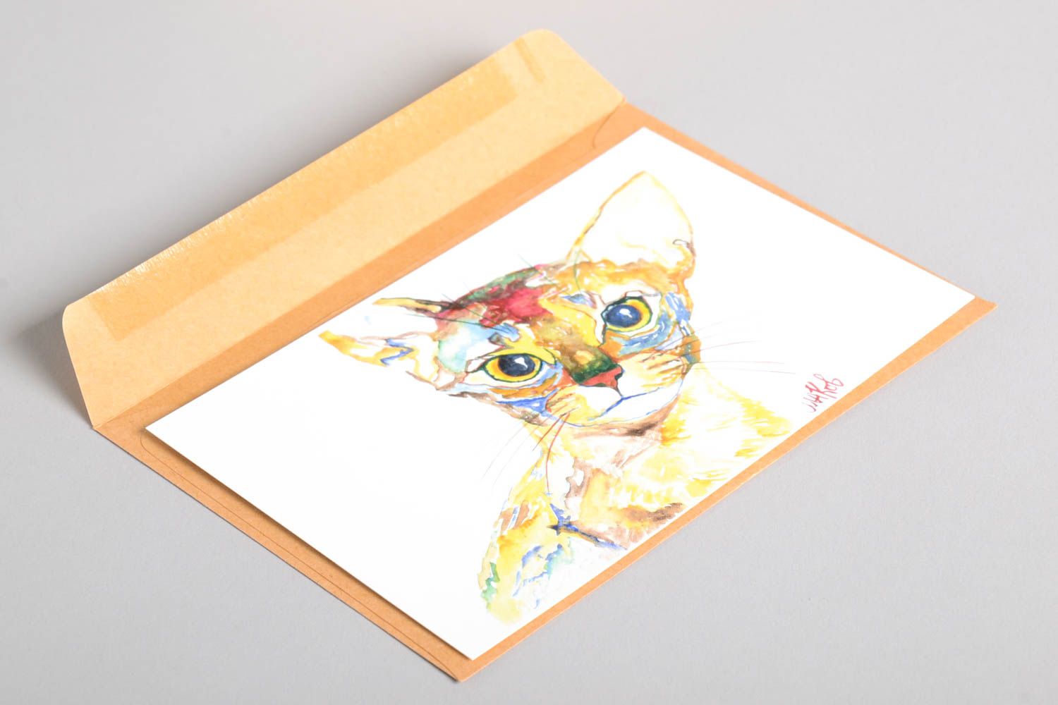 Handmade Künstler Karte bemalte schöne Grusskarte mit Katze Grußkarte Papier foto 5