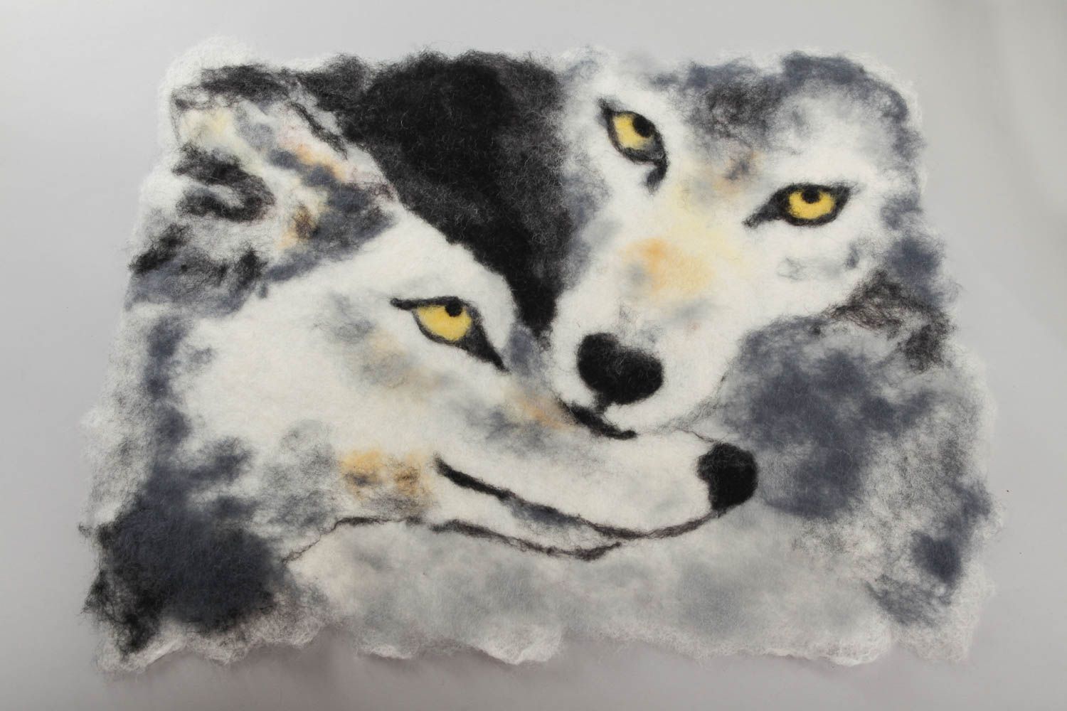 Handmade designer decorative felted wool wall hanging for interior Two Wolves photo 2